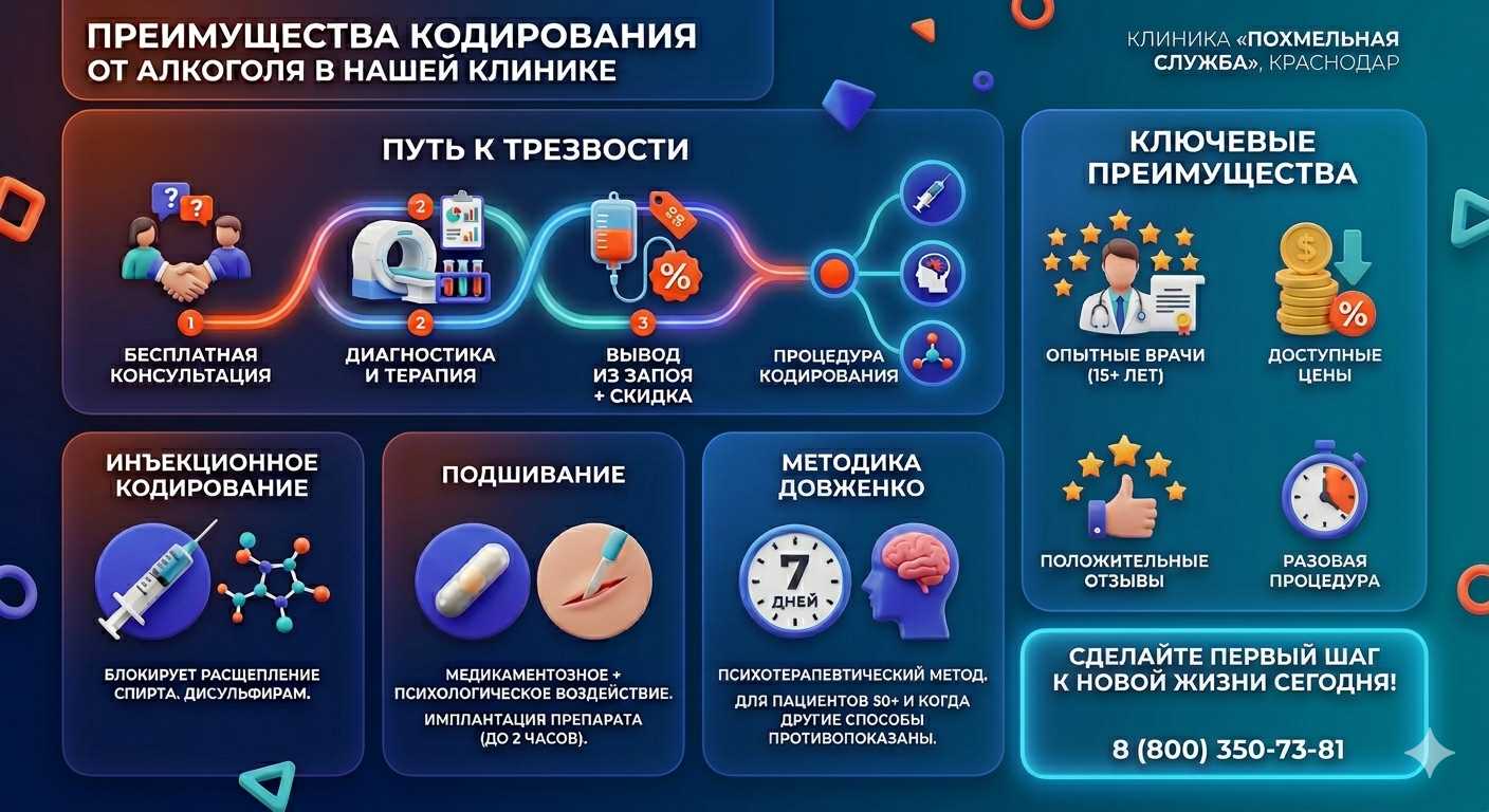 Инфографика о методах кодирования от алкоголя в Курье: инъекции, подшивание, метод Довженко. Преимущества клиники и этапы лечения.